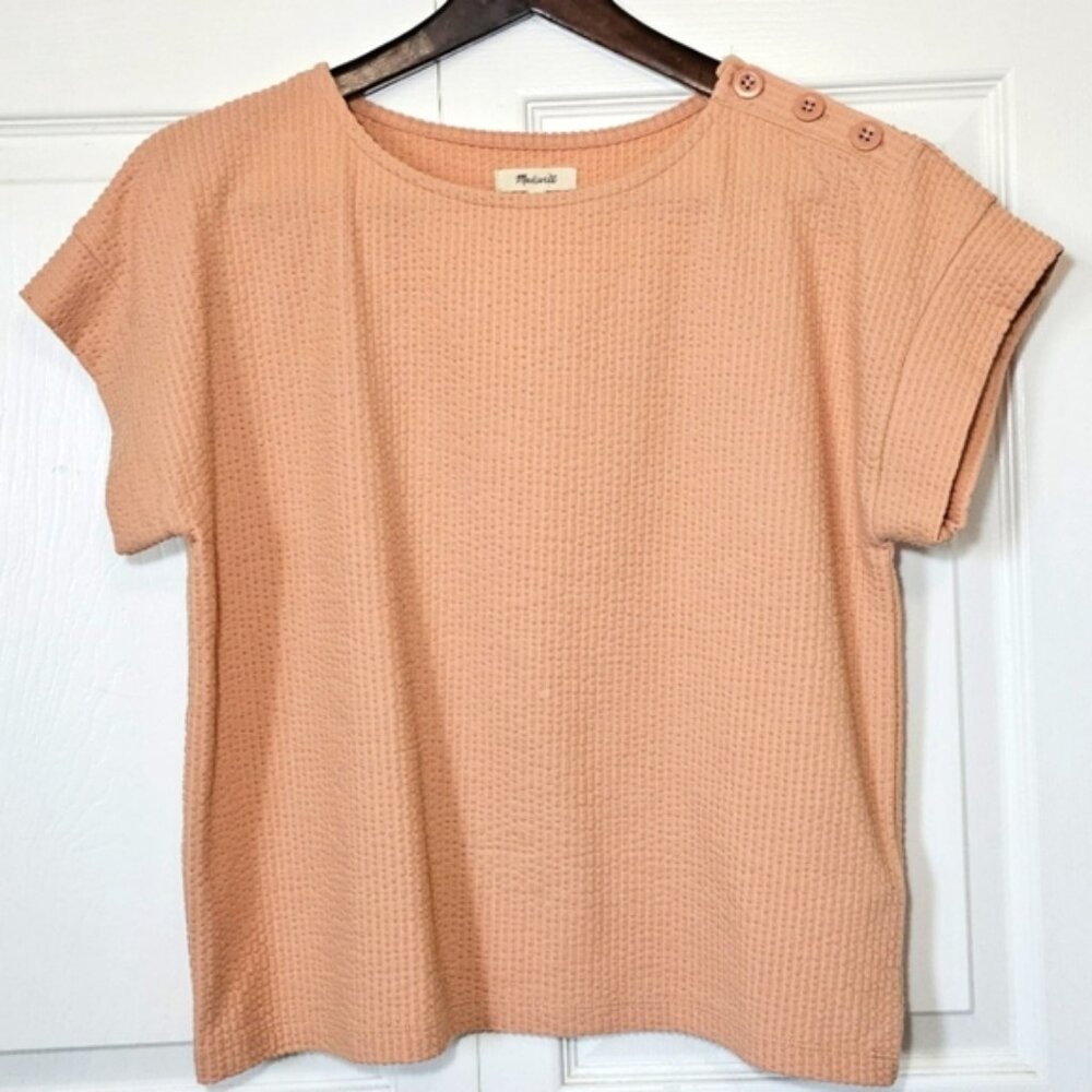 Madewell Seersucker Button Shoulder Short Sleeve Shirt Orange Boho Medium Boxy